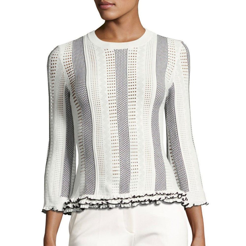 Derek Lam 10 Crosby 3/4 Sleeves Striped Eyelet Sweater